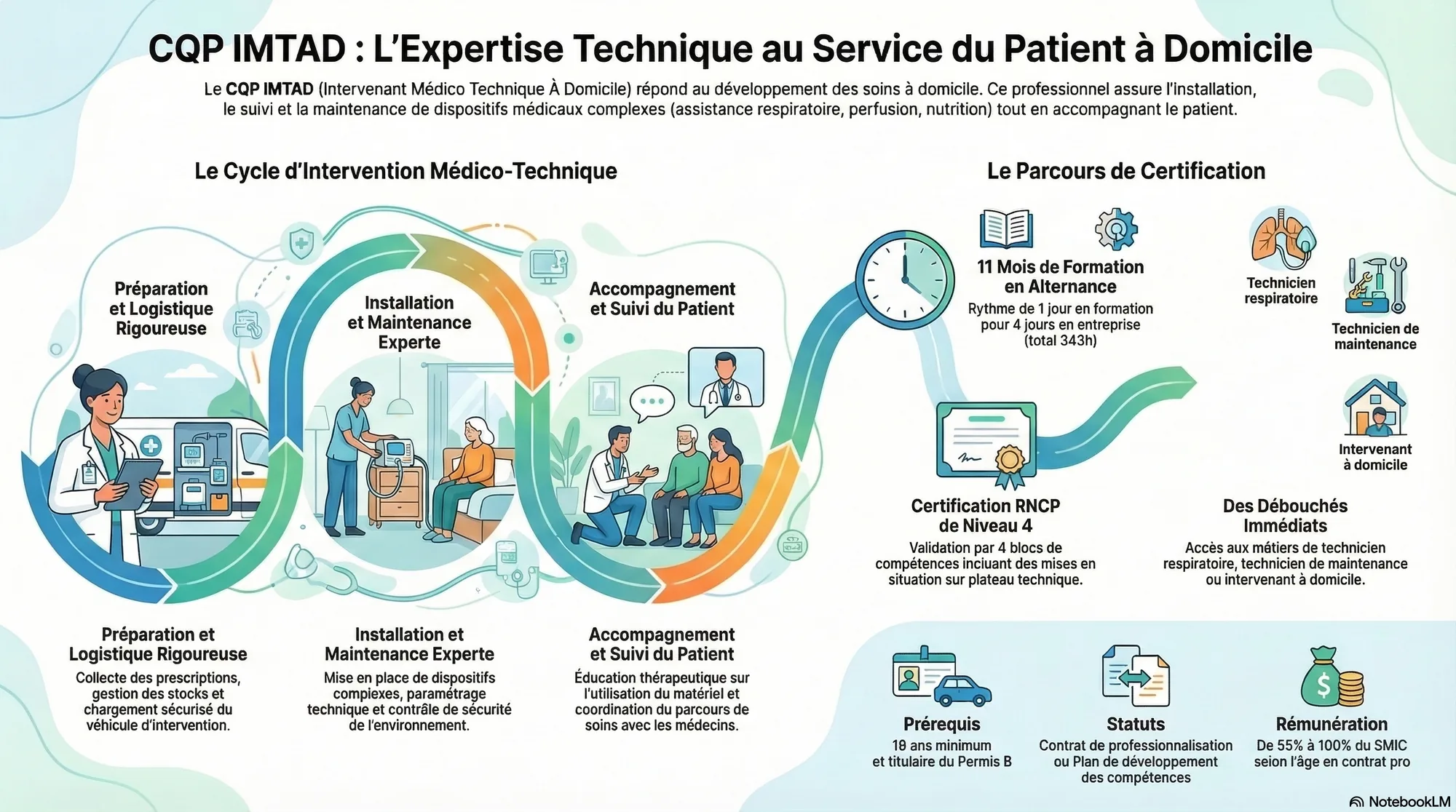 Infographie de présentation de la formation CQP IMTAD : Intervenant Médico-Technique A Domicile
