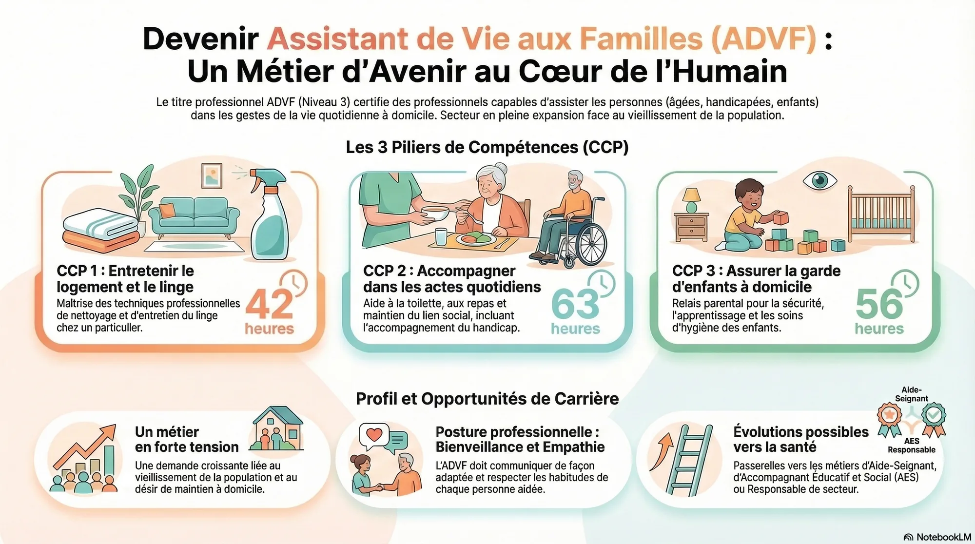 Infographie de présentation de la formation Titre Assistant(e) de Vie aux Familles
